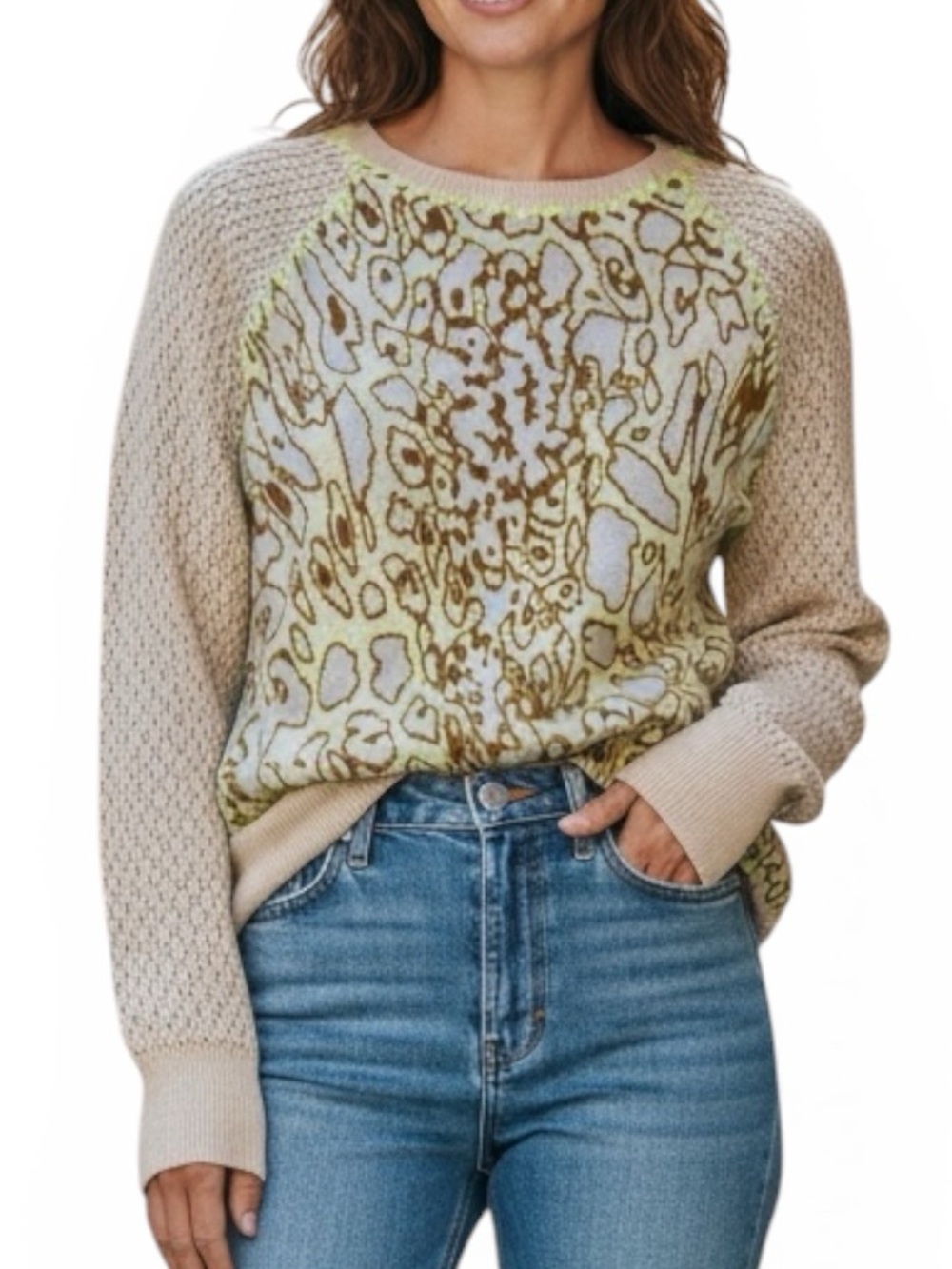 NWOT! Lisa Todd Neutral Animal Print Sweater with Neon Stitching, XS